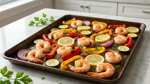 A close-up view of a roasted shrimp sheet pan dinner with colorful vegetables and lemon slices on a dark baking tray.