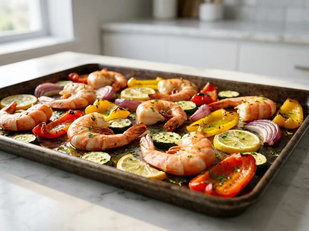 A close-up view of a roasted shrimp sheet pan dinner with colorful vegetables and lemon slices on a dark baking tray.