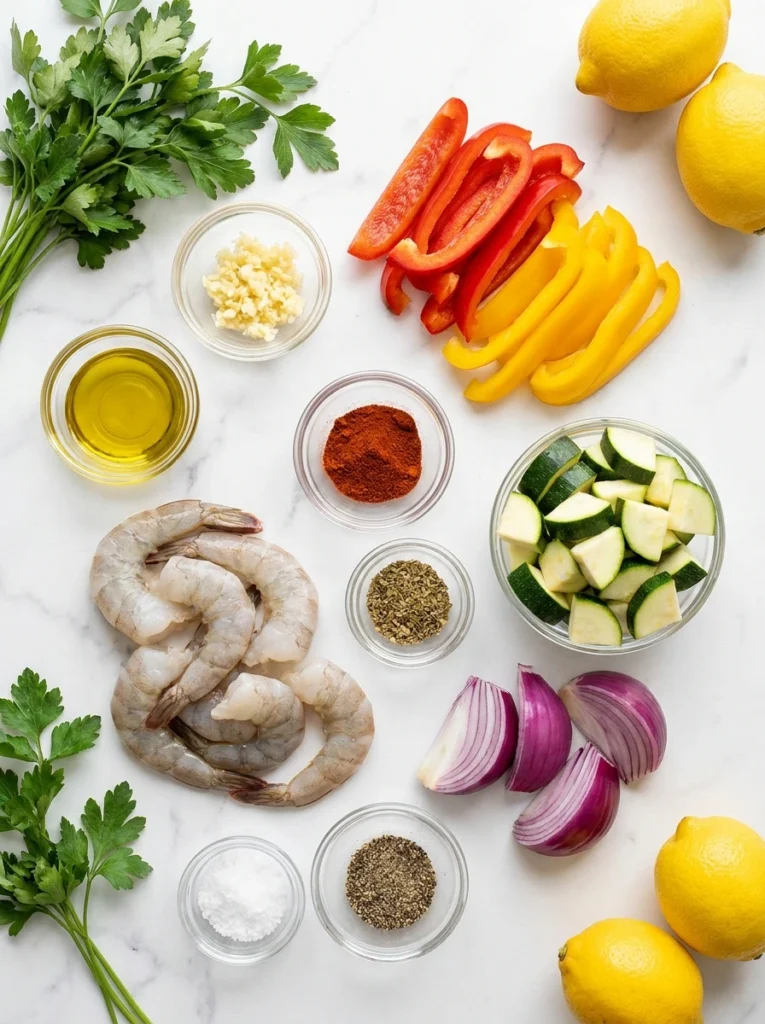Overhead view of raw shrimp, colorful sliced vegetables, lemon, and spices arranged neatly on a marble countertop.