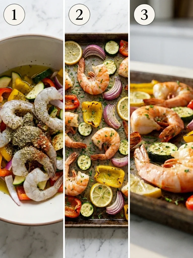 A three-panel collage showing the process of seasoning, arranging, and roasting a shrimp sheet pan dinner.