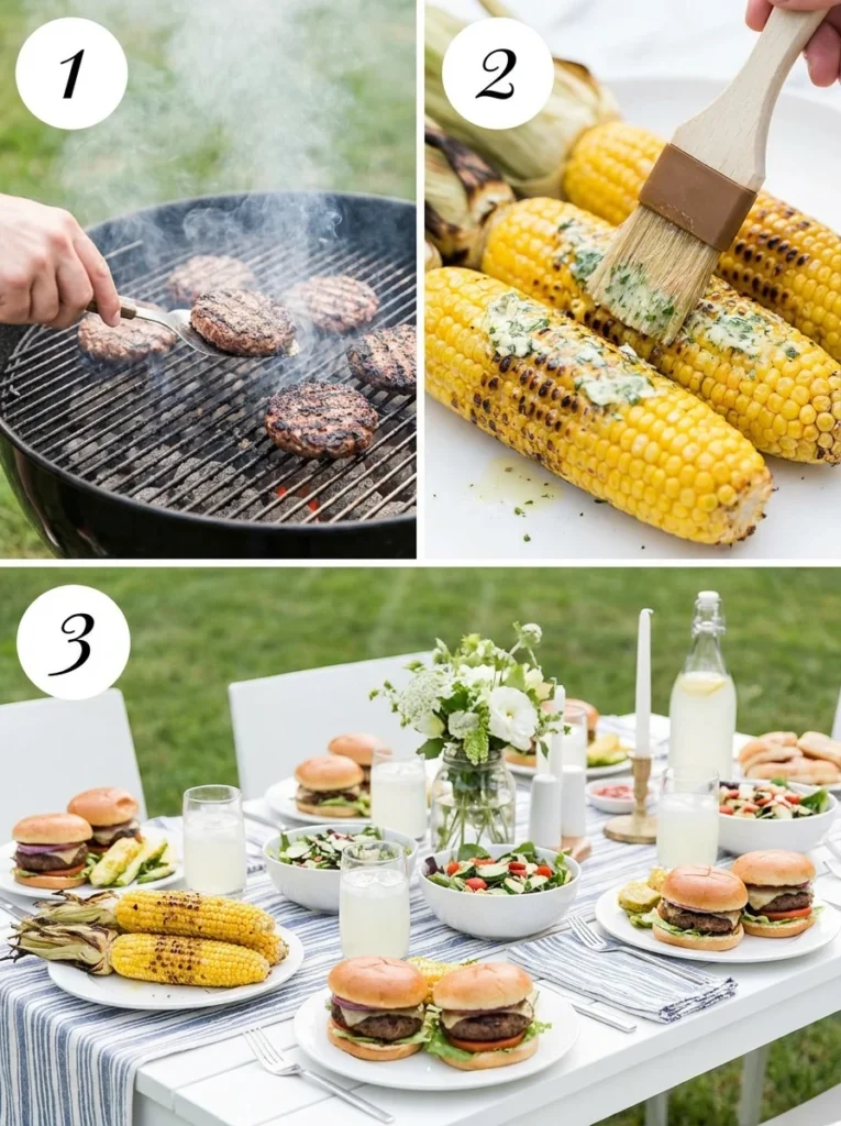 Three-panel collage showing grilling burgers, buttering corn, and the final table setup with numbers 1 to 3.