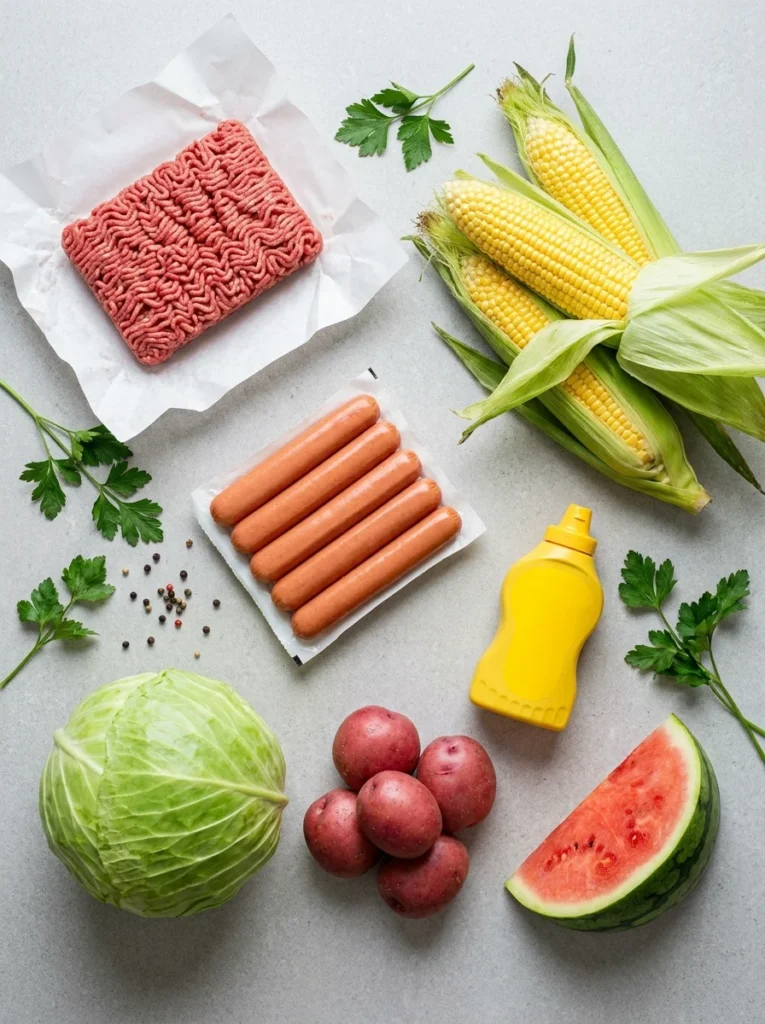salad Flat-lay arrangement of raw BBQ ingredients including meat, corn, cabbage, and potatoes on a grey surface.