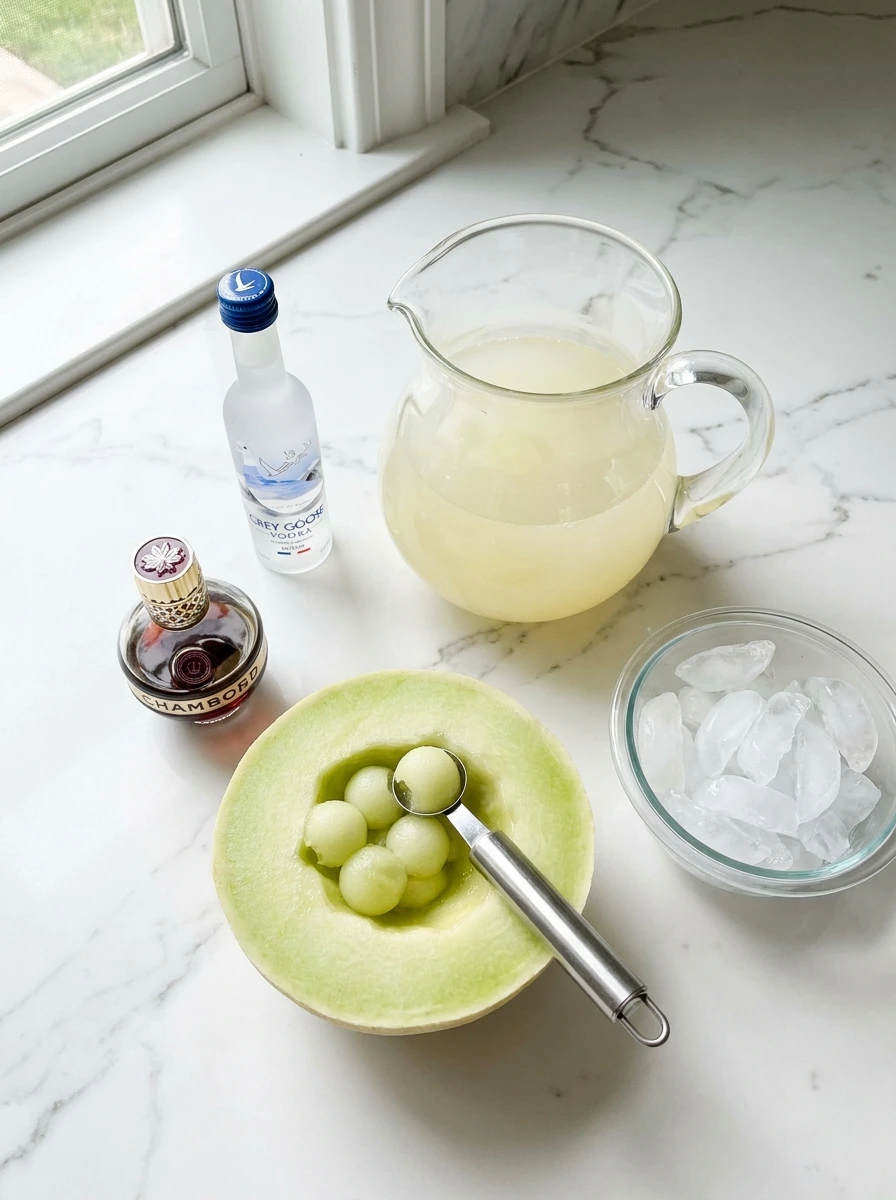 Overhead view of vodka, fresh lemonade, Chambord, honeydew melon, and ice for making a Honey Deuce cocktail.
