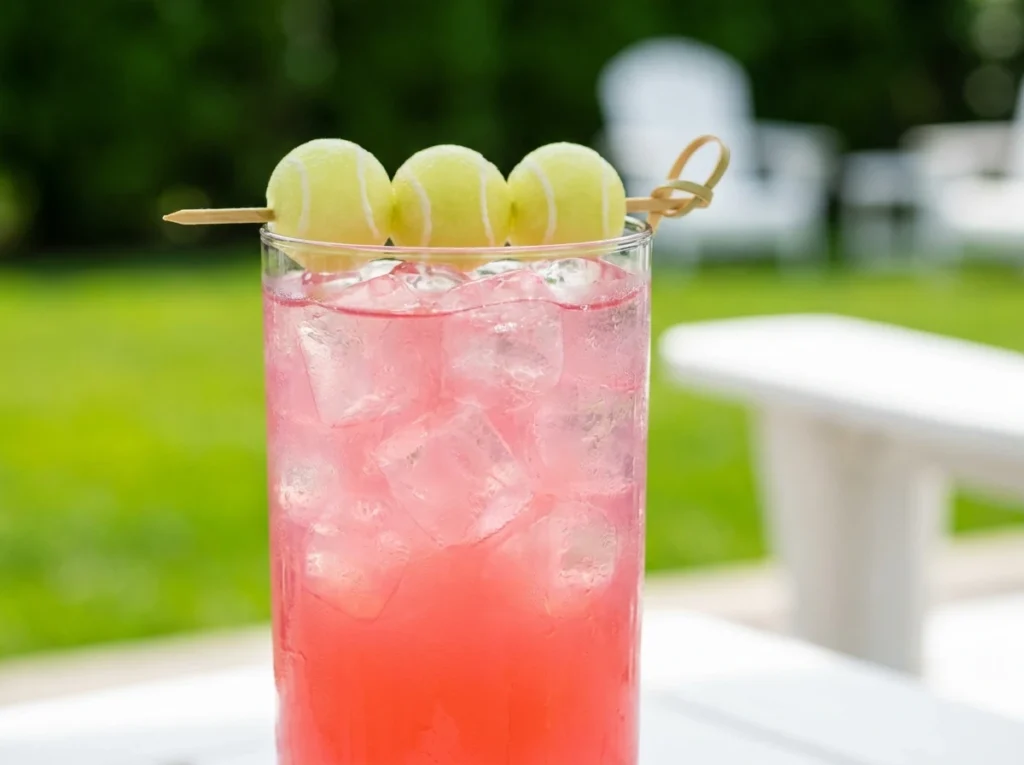 A refreshing pink Honey Deuce cocktail in a highball glass with honeydew melon ball garnish on a summer patio.