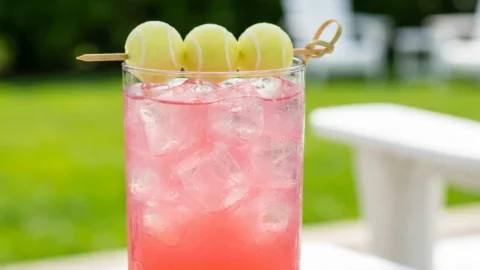 A refreshing pink Honey Deuce cocktail in a highball glass with honeydew melon ball garnish on a summer patio.