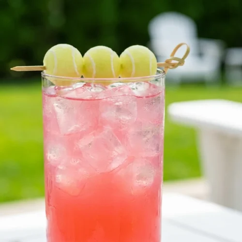 A refreshing pink Honey Deuce cocktail in a highball glass with honeydew melon ball garnish on a summer patio.