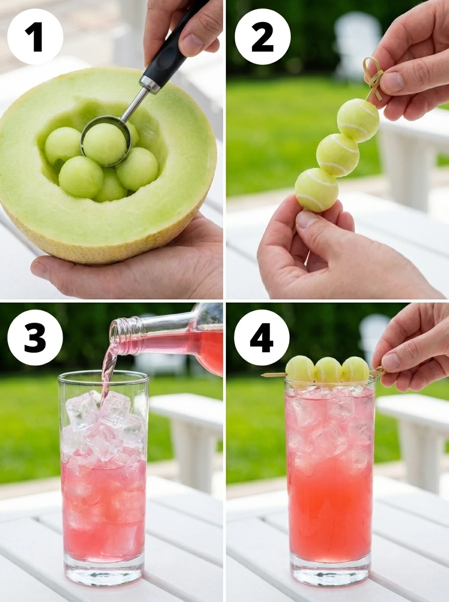 A four-panel grid showing the steps to make a Honey Deuce cocktail, numbered 1 through 4.