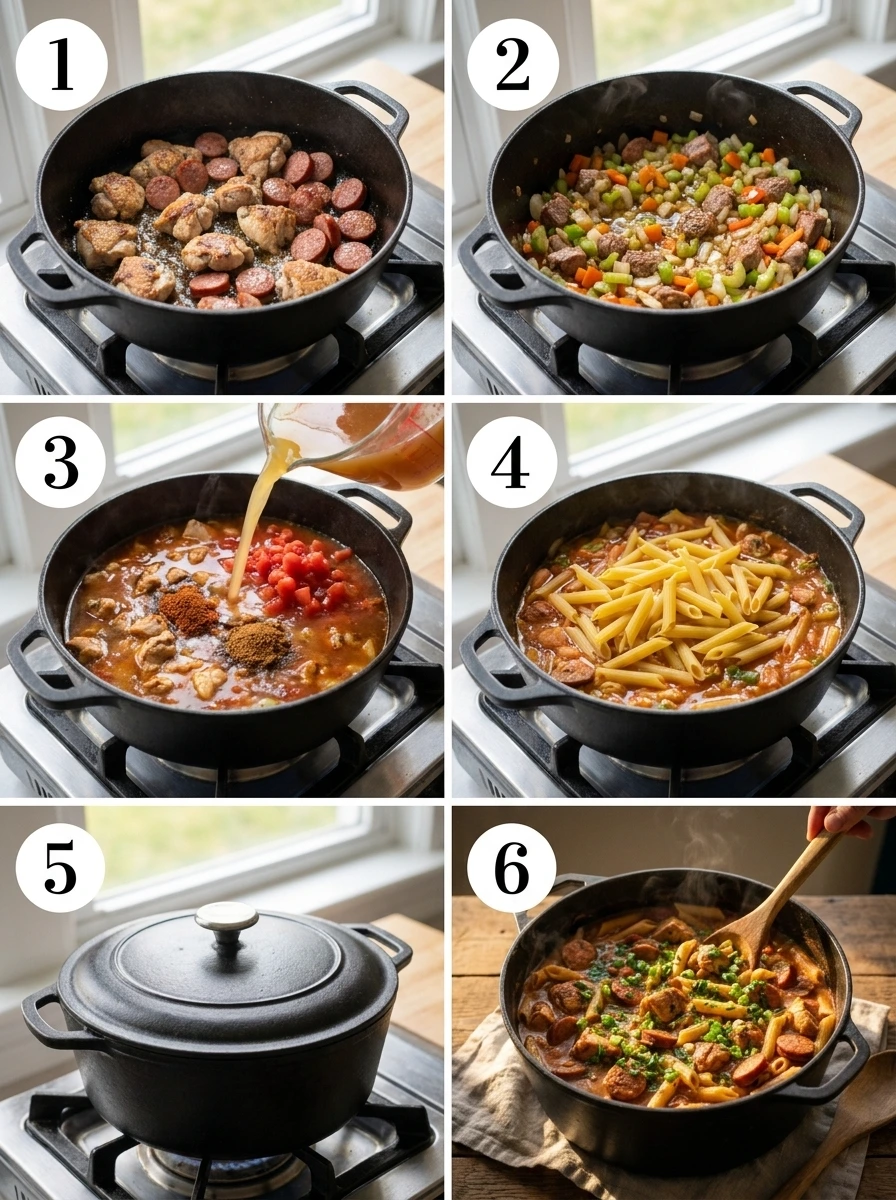 A grid of six images showing the sequential steps of making Pastalaya, from browning meat to the final dish.