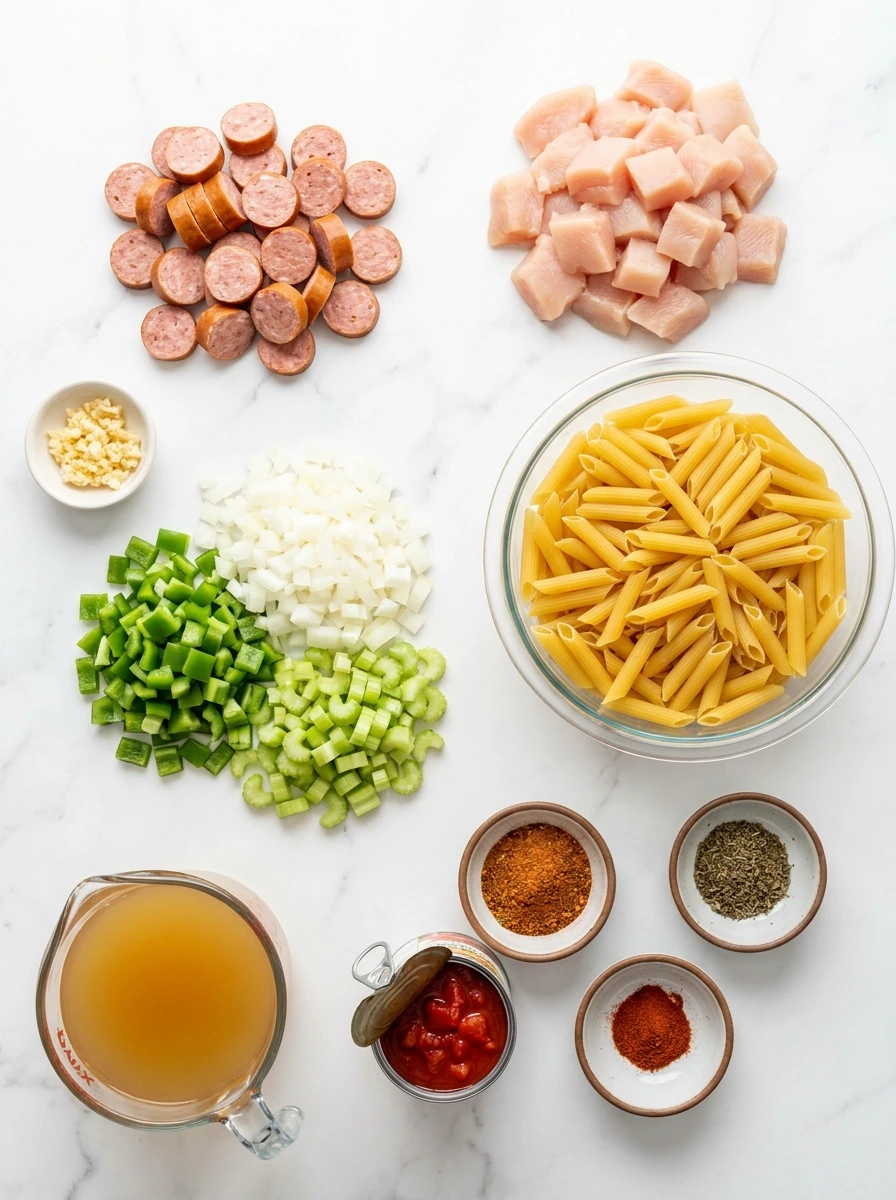 A flat-lay arrangement of chicken, sausage, penne pasta, bell peppers, onions, celery, and Cajun spices.