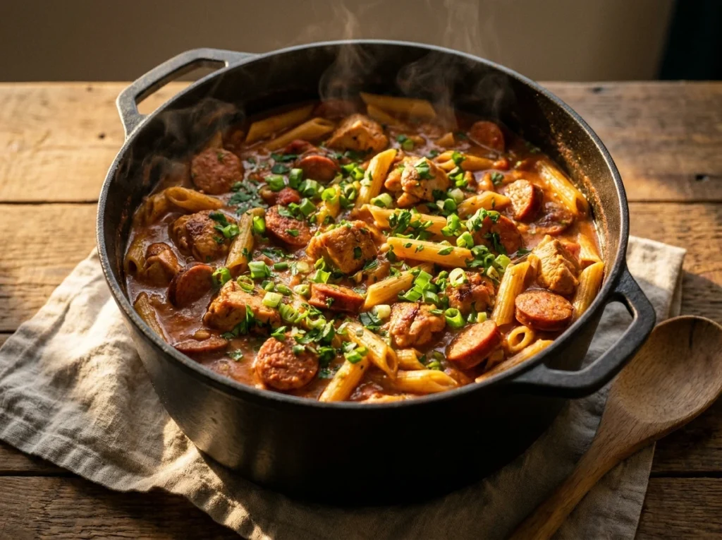 A large Dutch oven filled with Pastalaya featuring penne pasta, sausage, and chicken in a vibrant Cajun sauce.