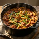 A large Dutch oven filled with Pastalaya featuring penne pasta, sausage, and chicken in a vibrant Cajun sauce.