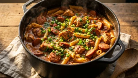 A large Dutch oven filled with Pastalaya featuring penne pasta, sausage, and chicken in a vibrant Cajun sauce.