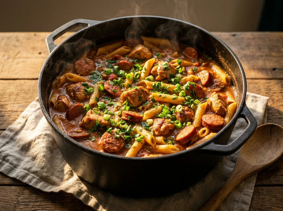 A large Dutch oven filled with Pastalaya featuring penne pasta, sausage, and chicken in a vibrant Cajun sauce.