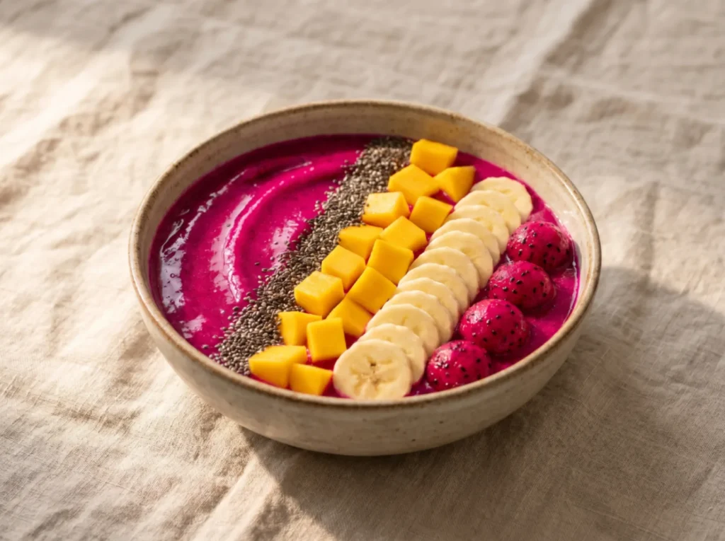 A beautifully styled magenta-colored dragon fruit smoothie bowl topped with chia seeds, mango, and sliced bananas.