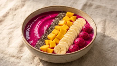 A beautifully styled magenta-colored dragon fruit smoothie bowl topped with chia seeds, mango, and sliced bananas.