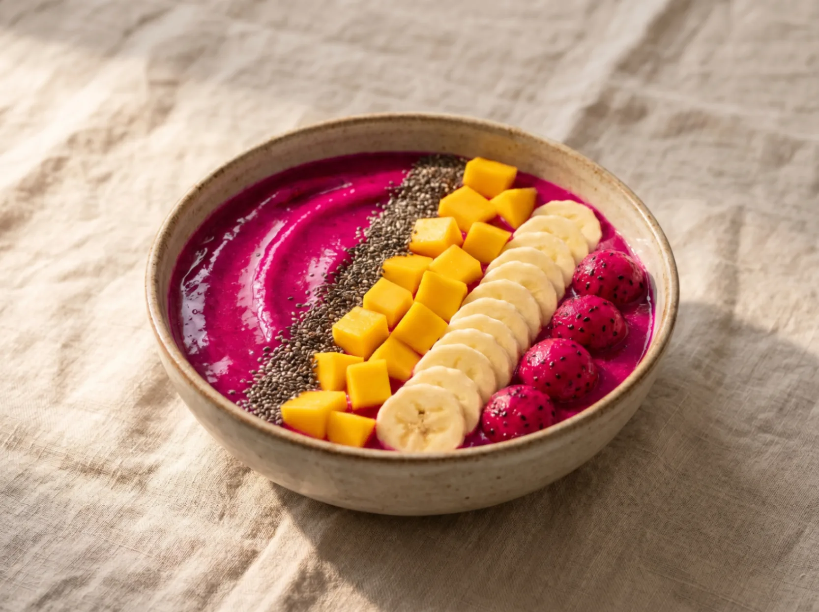A beautifully styled magenta-colored dragon fruit smoothie bowl topped with chia seeds, mango, and sliced bananas.