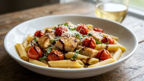 A close-up, appetizing bowl of Bruschetta Chicken Pasta with fresh basil, tomatoes, and balsamic glaze.