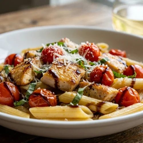 A close-up, appetizing bowl of Bruschetta Chicken Pasta with fresh basil, tomatoes, and balsamic glaze.
