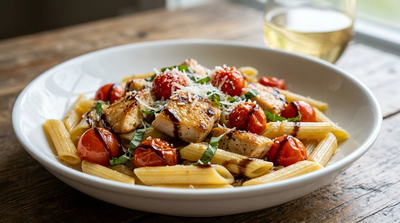A close-up, appetizing bowl of Bruschetta Chicken Pasta with fresh basil, tomatoes, and balsamic glaze.