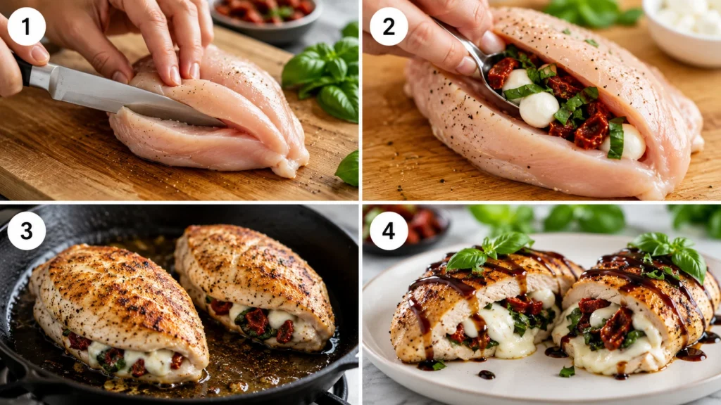 A four-panel grid showing the steps to make Caprese stuffed chicken: prep, stuff, sear, and serve.