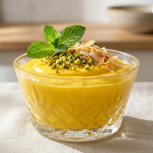 Creamy Mango Cottage Cheese Mousse ,Close-up of a vibrant yellow mango cottage cheese mousse in a glass garnished with mint and pistachios.