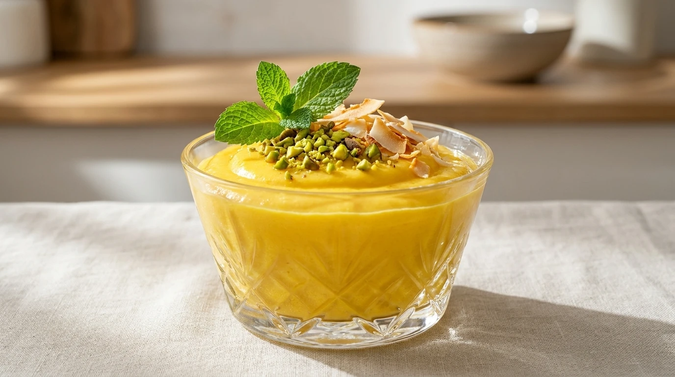Creamy Mango Cottage Cheese Mousse ,Close-up of a vibrant yellow mango cottage cheese mousse in a glass garnished with mint and pistachios.