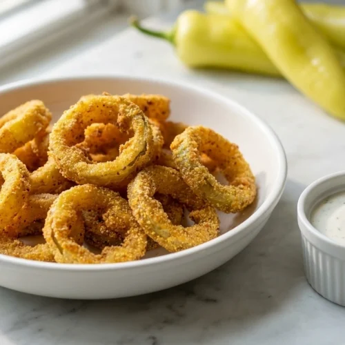 A bowl of golden-brown fried banana pepper rings served with a side of ranch dressing on a marble surface.