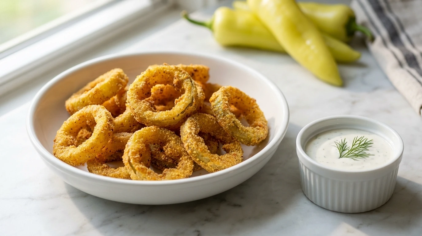 A bowl of golden-brown fried banana pepper rings served with a side of ranch dressing on a marble surface.