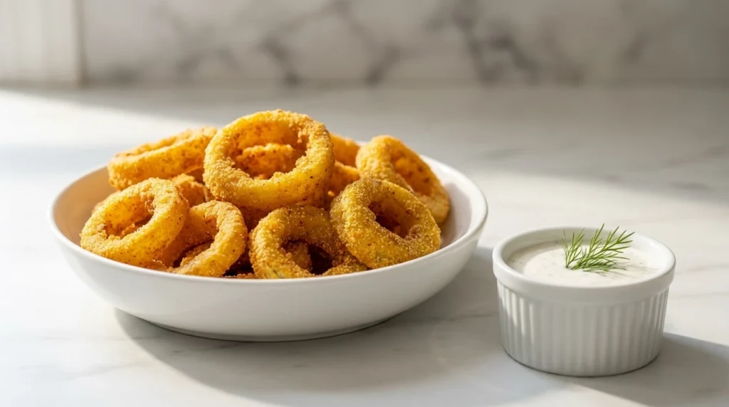 A bowl of golden-brown fried banana pepper rings served with a side of ranch dressing on a marble surface.