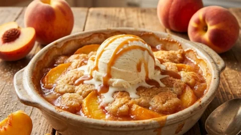 Freshly baked Peach Cobbler Recipe with vanilla ice cream and caramel sauce