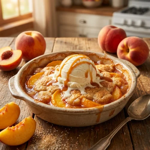 Freshly baked Peach Cobbler Recipe with vanilla ice cream and caramel sauce