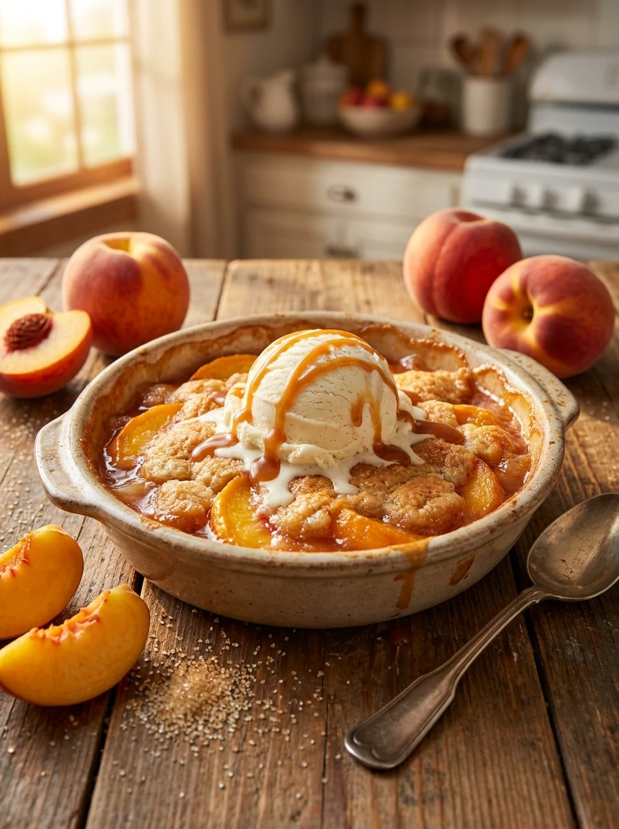 Freshly baked Peach Cobbler Recipe with vanilla ice cream and caramel sauce