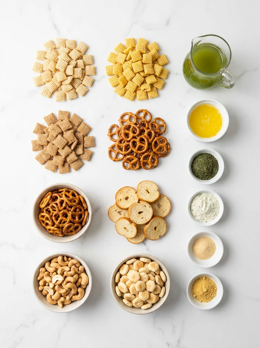An overhead view of cereals, pretzels, spices, pickle juice, and butter organized on a marble surface.