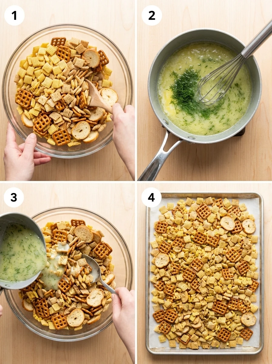 A four-panel collage showing the process of making Dill Pickle Chex Mix from mixing to baking.