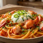 A six-panel collage showing the step-by-step process of making lobster bucatini, from prepping the lobster to tossing the pasta.