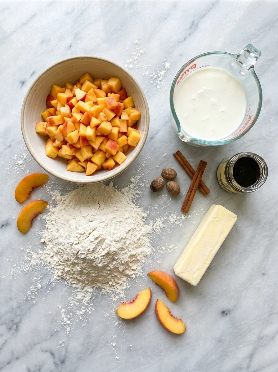 Flat-lay of flour, fresh peaches, buttermilk, frozen butter, and spices on a marble surface.