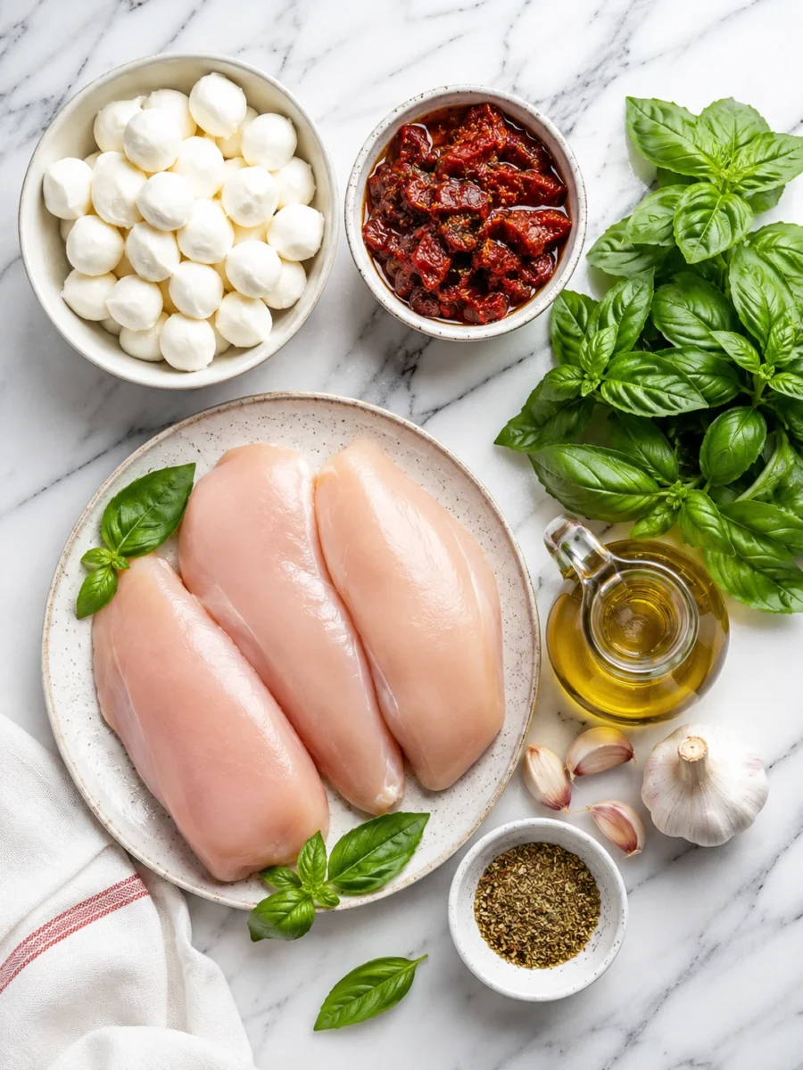 Flat-lay of raw chicken, mozzarella, sun-dried tomatoes, and fresh basil on a marble surface.