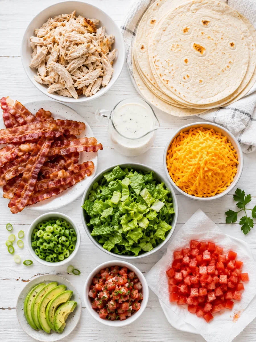 Flat-lay arrangement of tortillas, chicken, bacon, ranch dressing, cheese, and fresh vegetables on a white wood background.