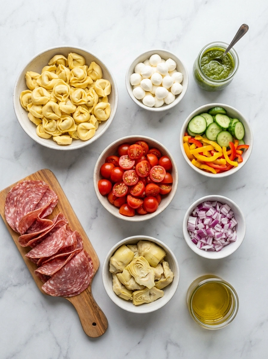 An overhead shot of fresh ingredients for pasta salad including tortellini, mozzarella, salami, and vegetables in small bowls.