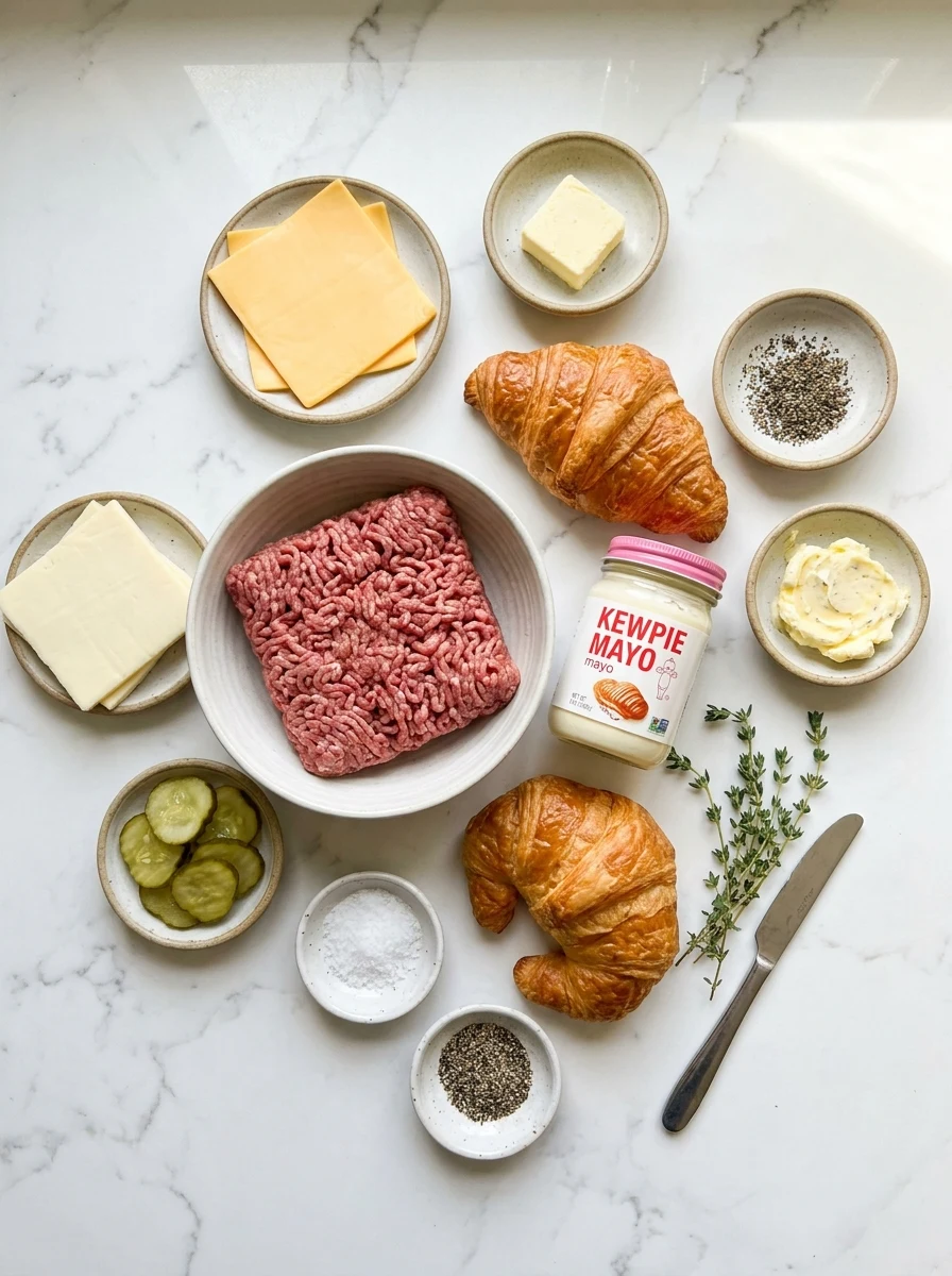An organized overhead shot of raw beef, fresh croissants, various cheeses, garlic butter, and condiments.