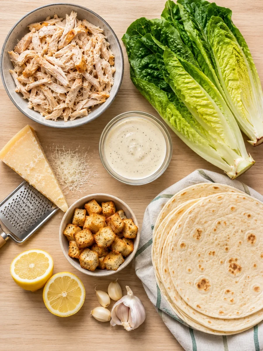 An overhead view of chicken, Romaine lettuce, Parmesan cheese, croutons, dressing, and tortillas arranged on a wooden table.