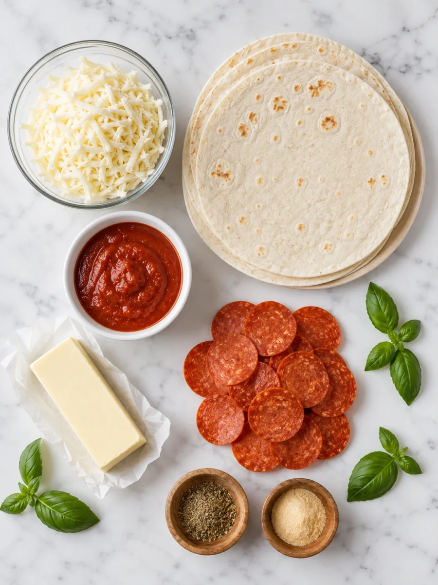 Overhead view of flour tortillas, mozzarella cheese, pepperoni, pizza sauce, butter, and Italian spices on a marble surface.
