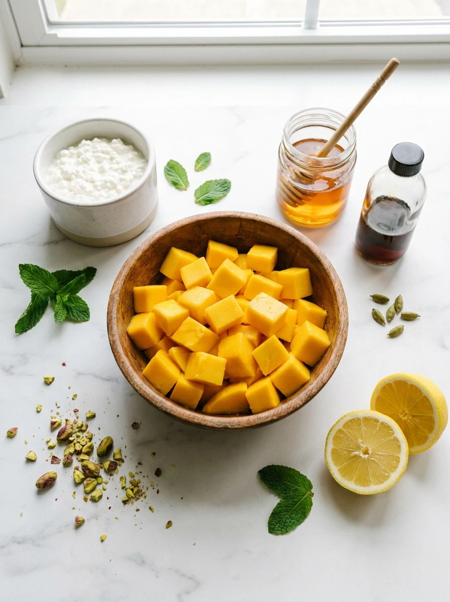 Creamy Mango Cottage Cheese Mousse ,Overhead view of mango chunks, cottage cheese, honey, vanilla, and cardamom on a marble surface.