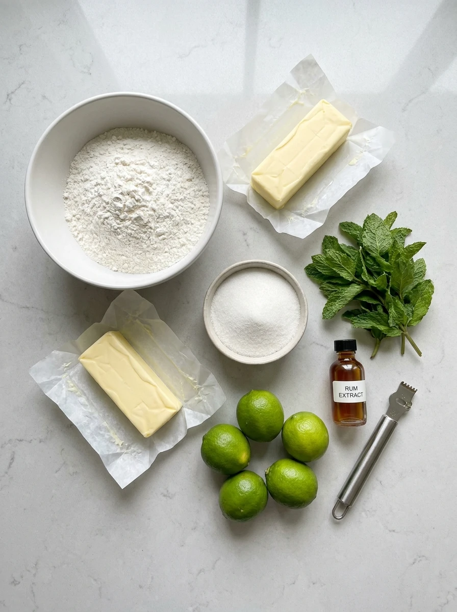 Flat-lay arrangement of flour, butter, sugar, fresh limes, mint leaves, and rum extract on a grey surface.