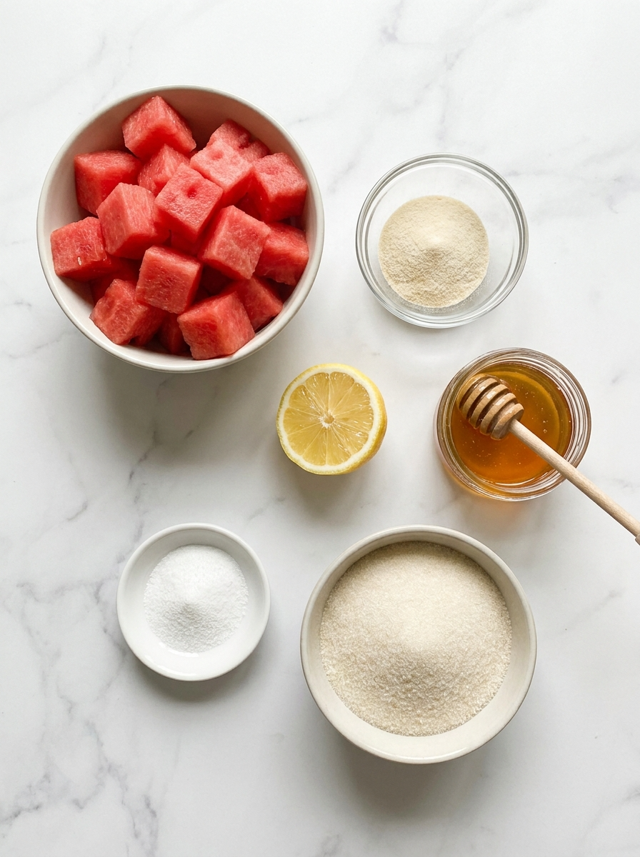 Sour Watermelon Gummie  An overhead view of fresh watermelon, gelatin, lemon, honey, and citric acid arranged neatly on a marble surface.