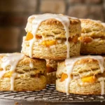 Close-up of golden-brown buttermilk peach biscuits with a vanilla glaze drizzle on a wire rack.