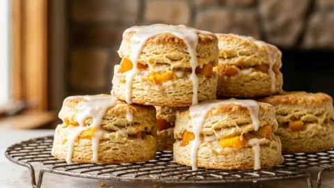 Close-up of golden-brown buttermilk peach biscuits with a vanilla glaze drizzle on a wire rack.