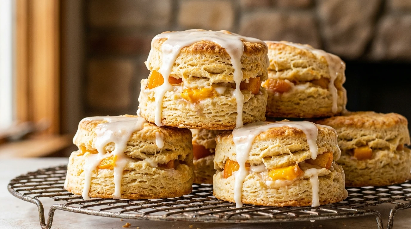 Close-up of golden-brown buttermilk peach biscuits with a vanilla glaze drizzle on a wire rack.