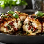 Close-up of sliced Caprese stuffed chicken breast with melted mozzarella and balsamic glaze in a skillet.