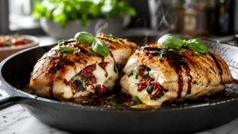 Close-up of sliced Caprese stuffed chicken breast with melted mozzarella and balsamic glaze in a skillet.